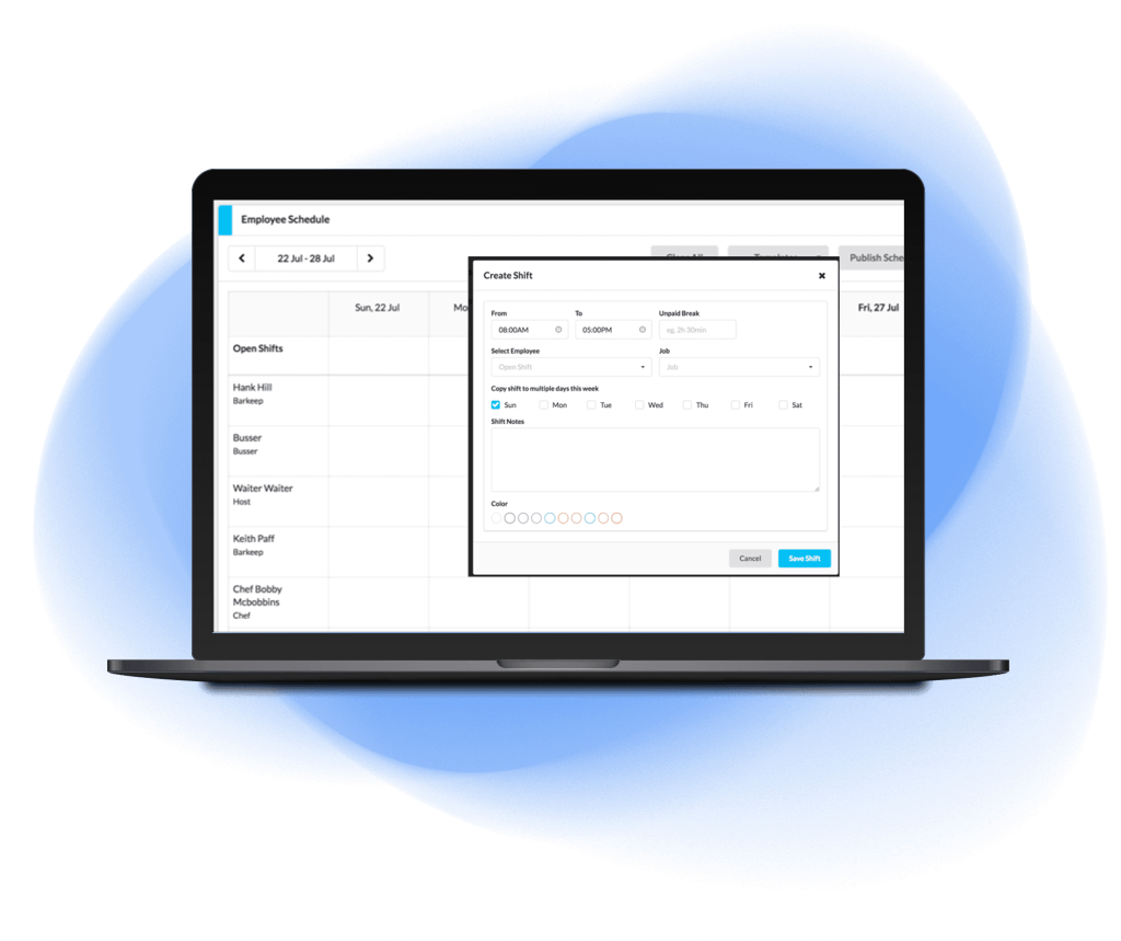 Laptop showing SkyTab labor management UI 