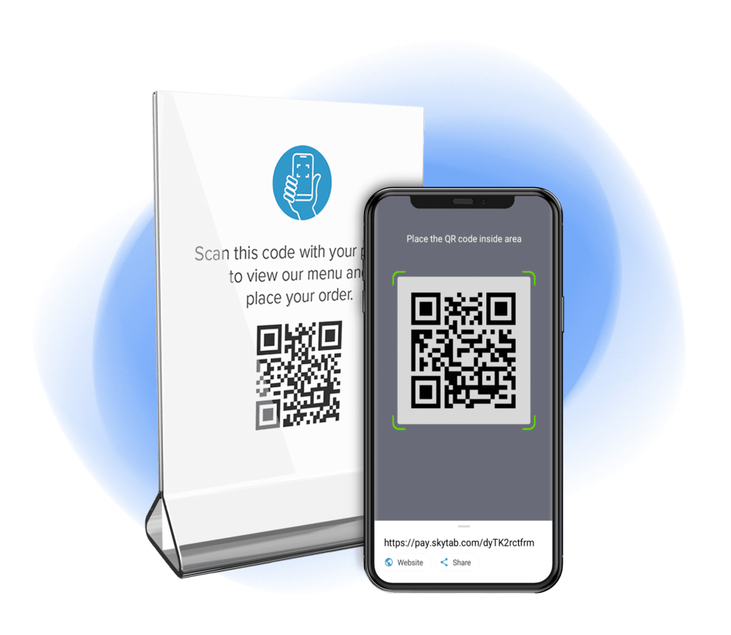 QR code flyer and mobile app scanning QR code to bring up menu and payment screens