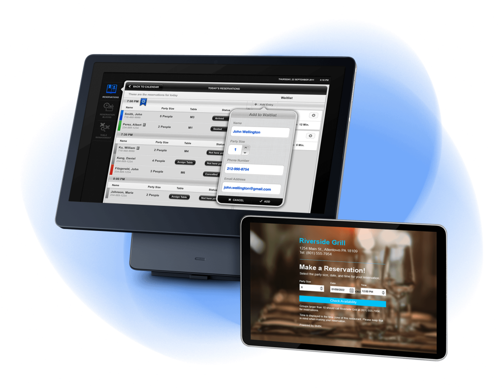 POS screen showing reservation system. Mobile device showing online reservation form.