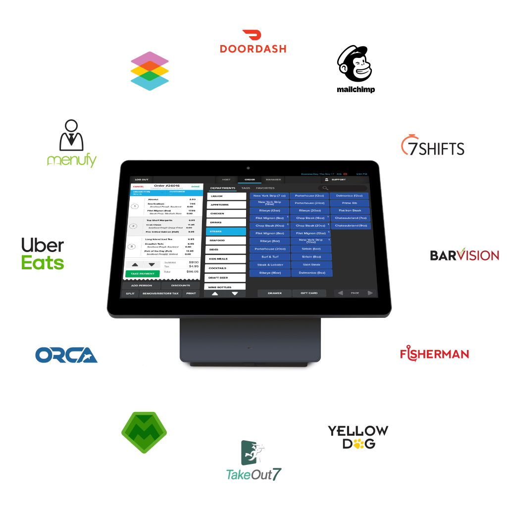 Restaurant POS terminal showing wheel of third party integration option